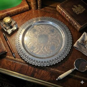 Vintage 12" Stainless Steel Round Tray with Pierced Gallery & Scroll Etching
